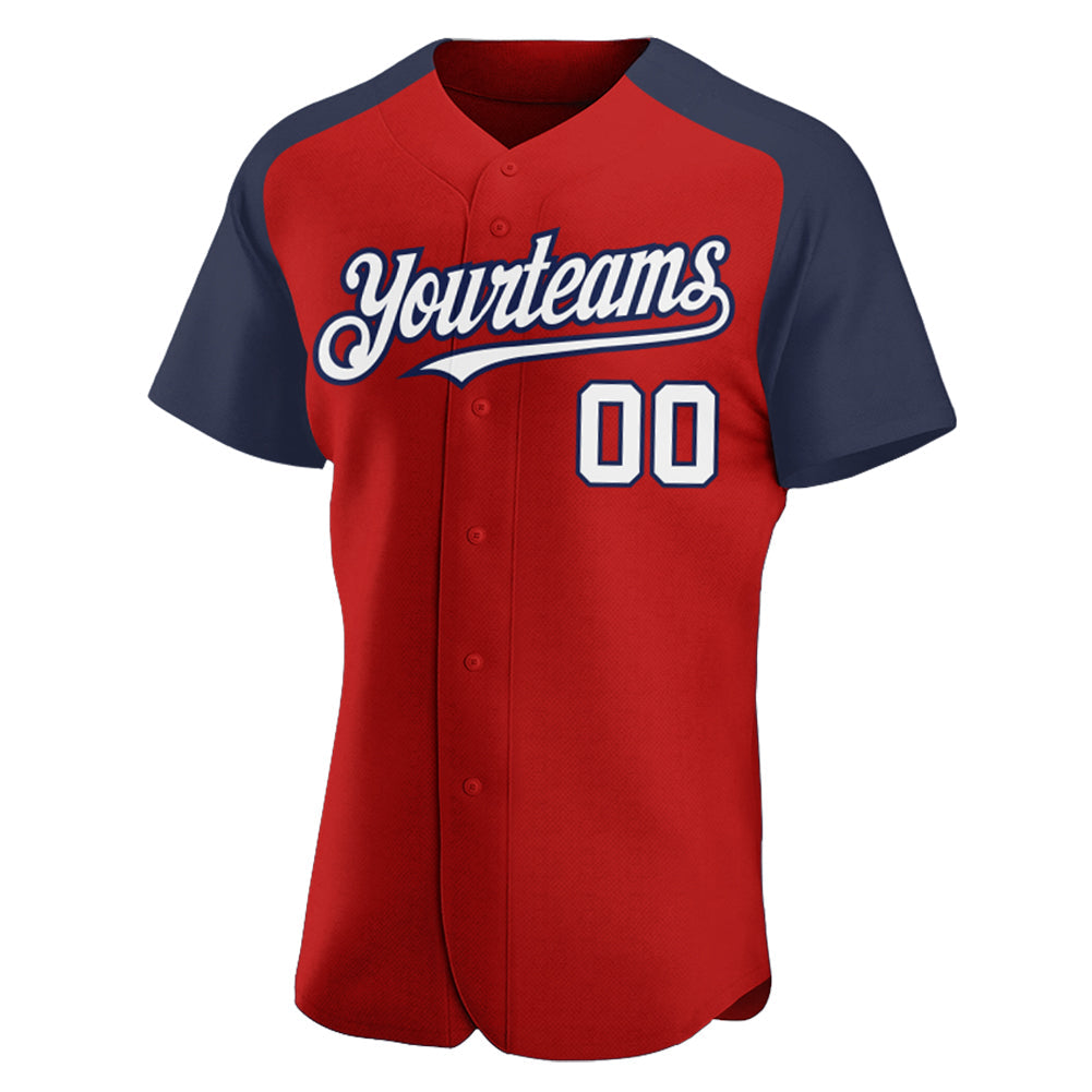 Custom Red White-Navy Authentic Raglan Sleeves Baseball Jersey view 2
