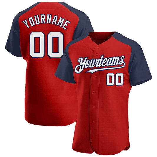 Custom Red White-Navy Authentic Raglan Sleeves Baseball Jersey - Main View