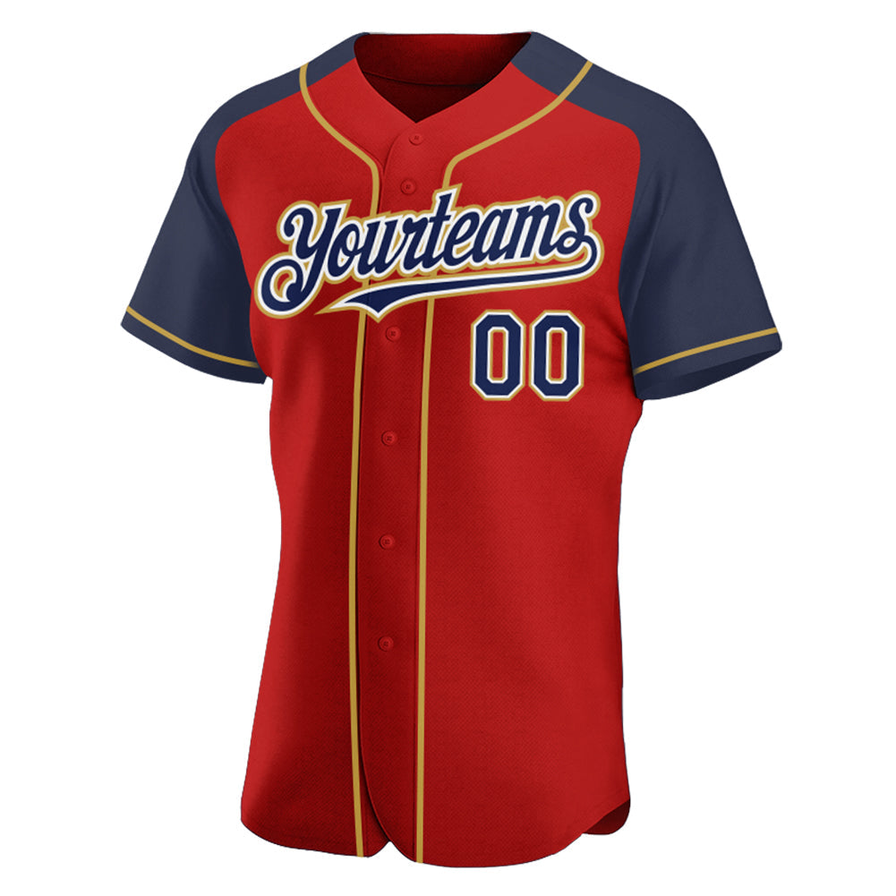 Custom Red Navy-Old Gold Authentic Raglan Sleeves Baseball Jersey view 2