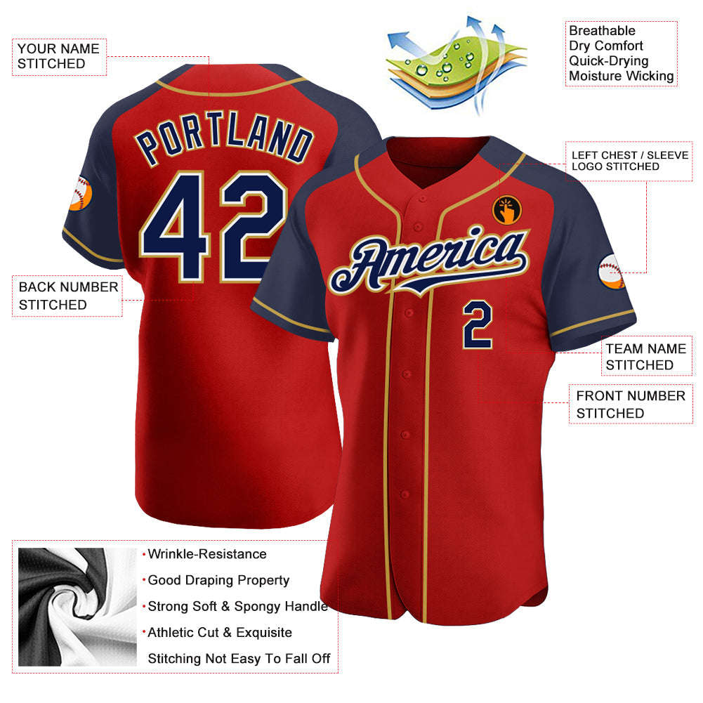 Custom Red Navy-Old Gold Authentic Raglan Sleeves Baseball Jersey view 3