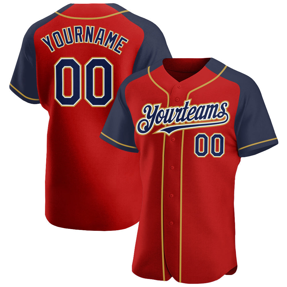 Custom Red Navy-Old Gold Authentic Raglan Sleeves Baseball Jersey - Main View