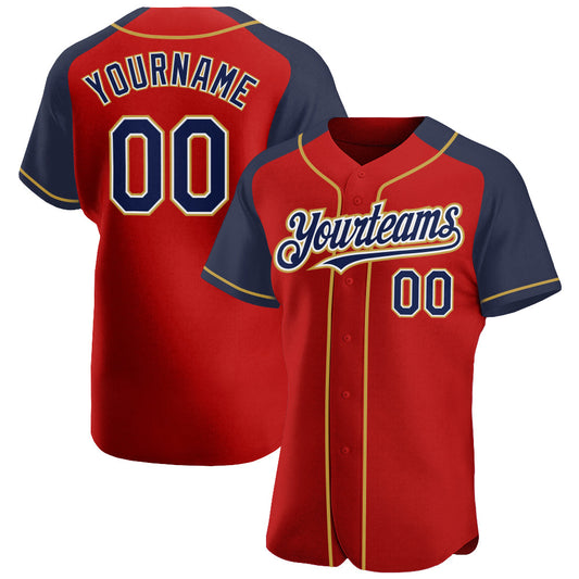 Custom Red Navy-Old Gold Authentic Raglan Sleeves Baseball Jersey - Main View