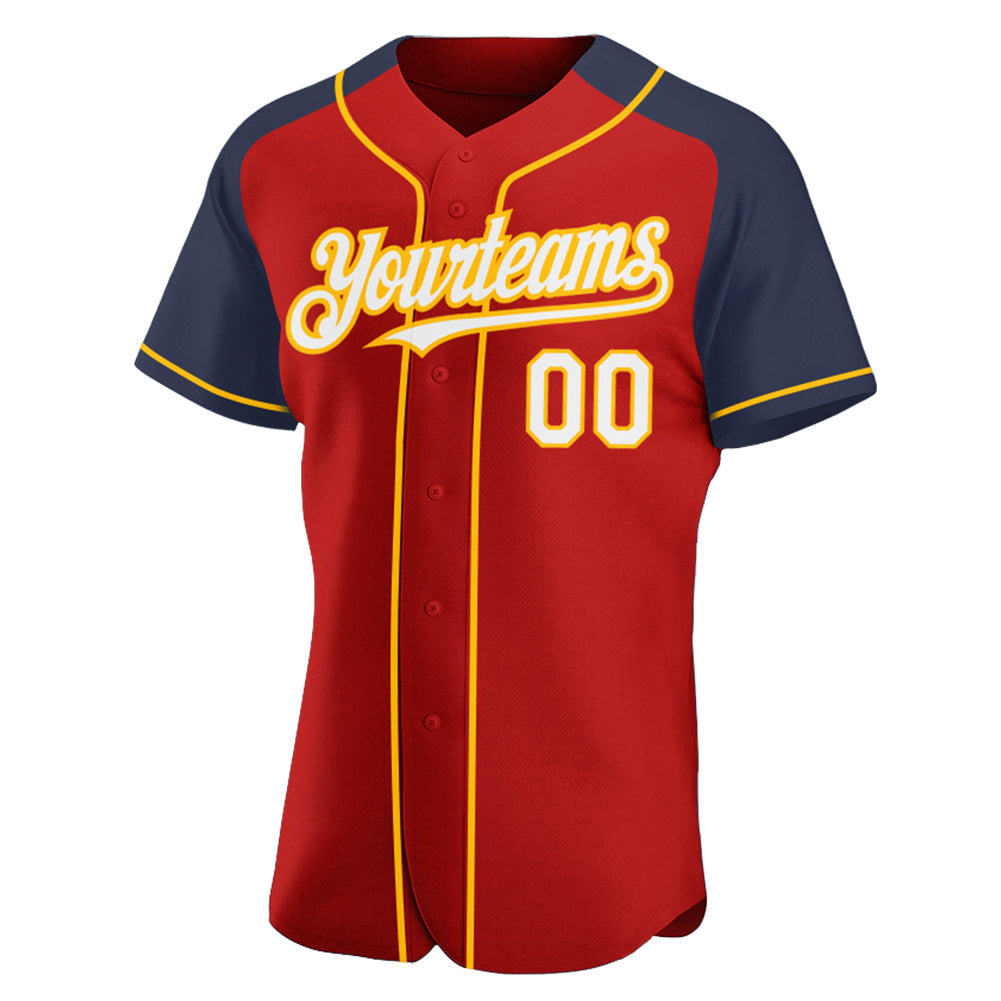 Custom Red White Navy-Gold Authentic Raglan Sleeves Baseball Jersey view 2