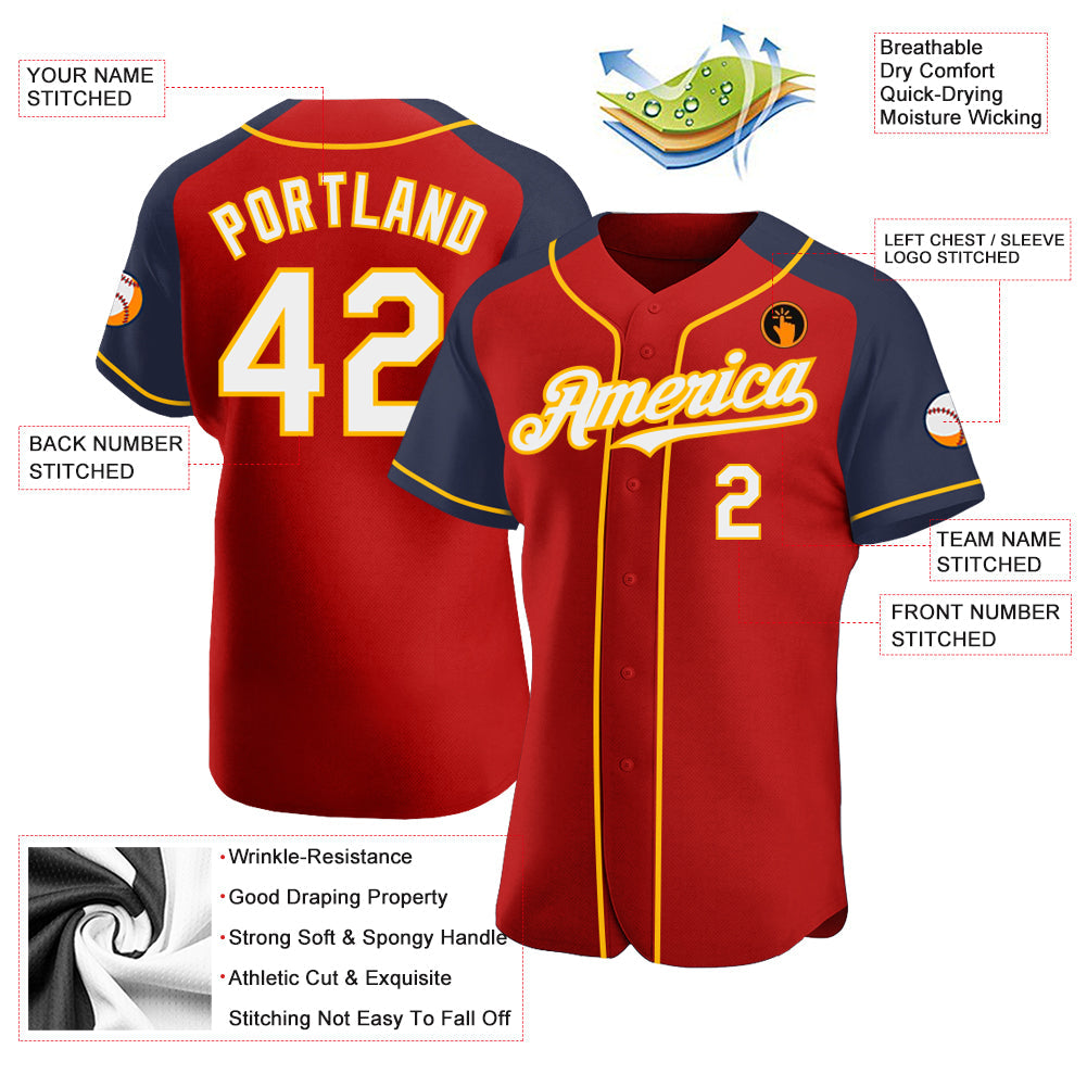 Custom Red White Navy-Gold Authentic Raglan Sleeves Baseball Jersey view 3