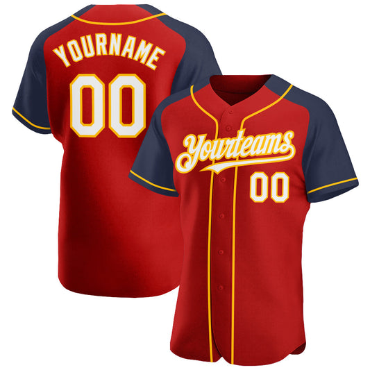 Custom Red White Navy-Gold Authentic Raglan Sleeves Baseball Jersey - Main View