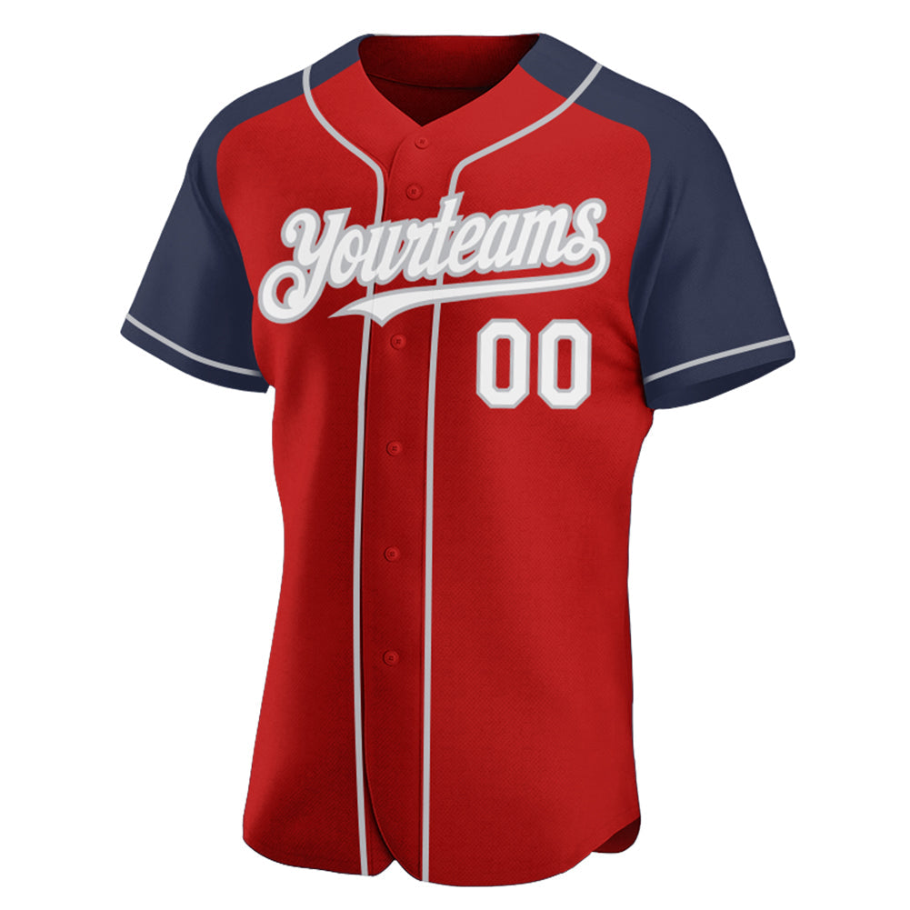 Custom Red White Navy-Gray Authentic Raglan Sleeves Baseball Jersey view 2