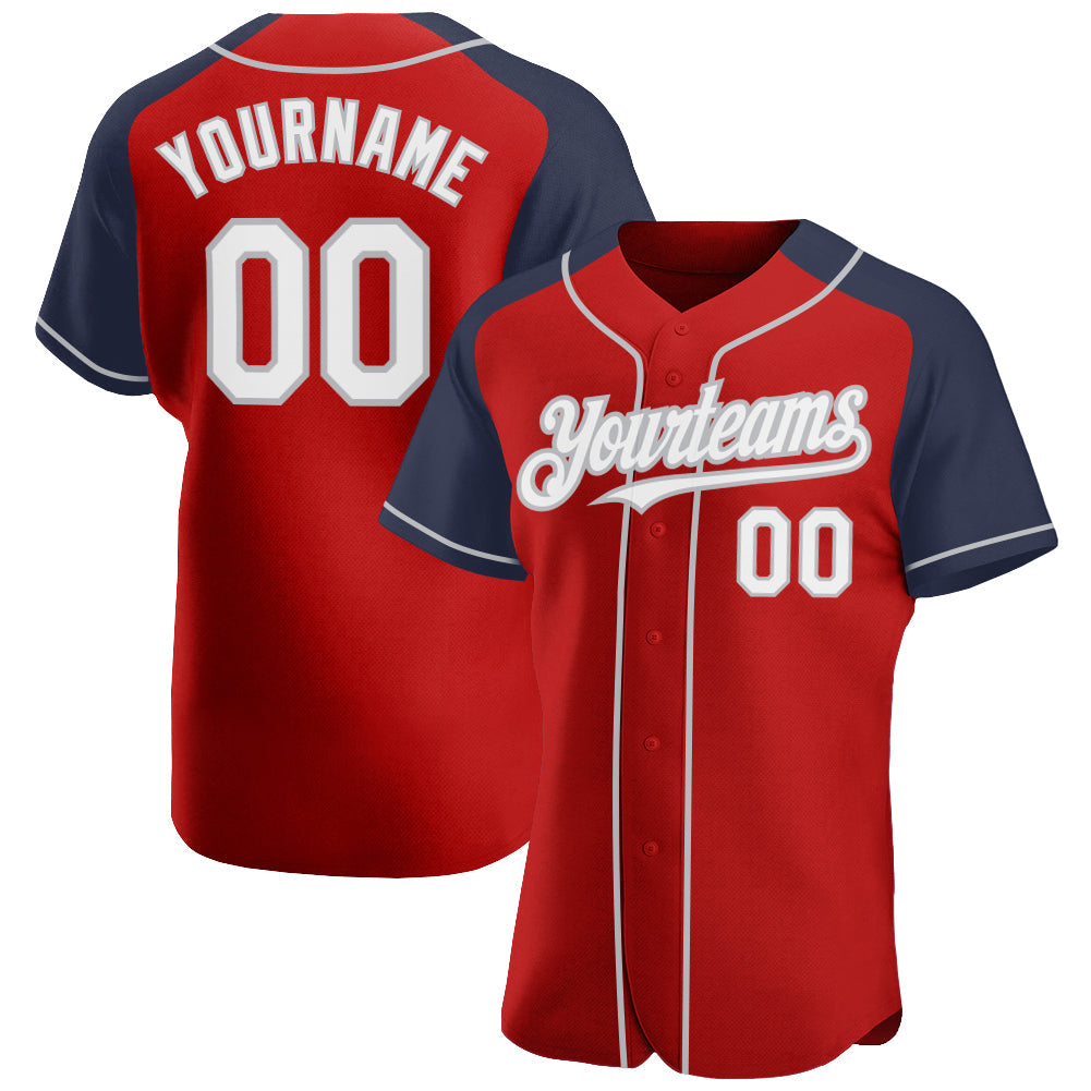 Custom Red White Navy-Gray Authentic Raglan Sleeves Baseball Jersey - Main View