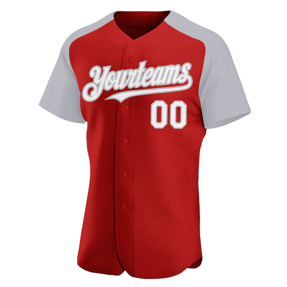 Custom Red White-Gray Authentic Raglan Sleeves Baseball Jersey view 2