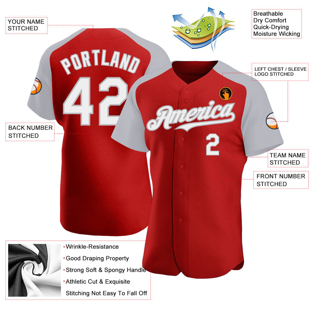 Custom Red White-Gray Authentic Raglan Sleeves Baseball Jersey view 3