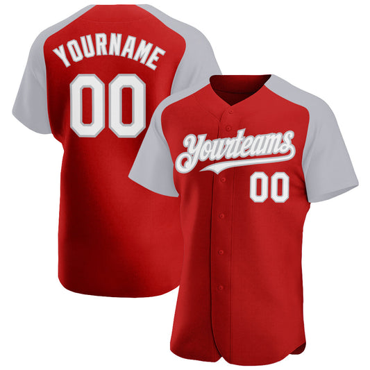 Custom Red White-Gray Authentic Raglan Sleeves Baseball Jersey - Main View