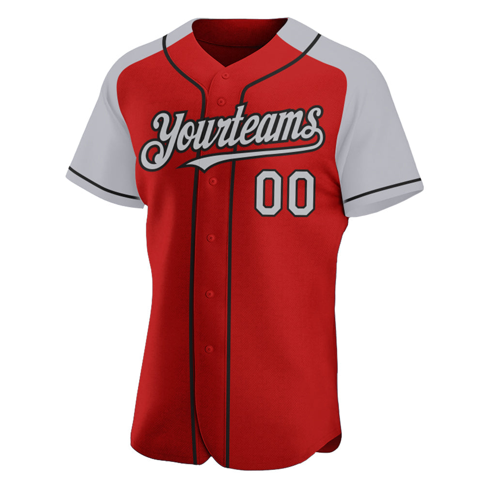 Custom Red Gray-Black Authentic Raglan Sleeves Baseball Jersey view 2