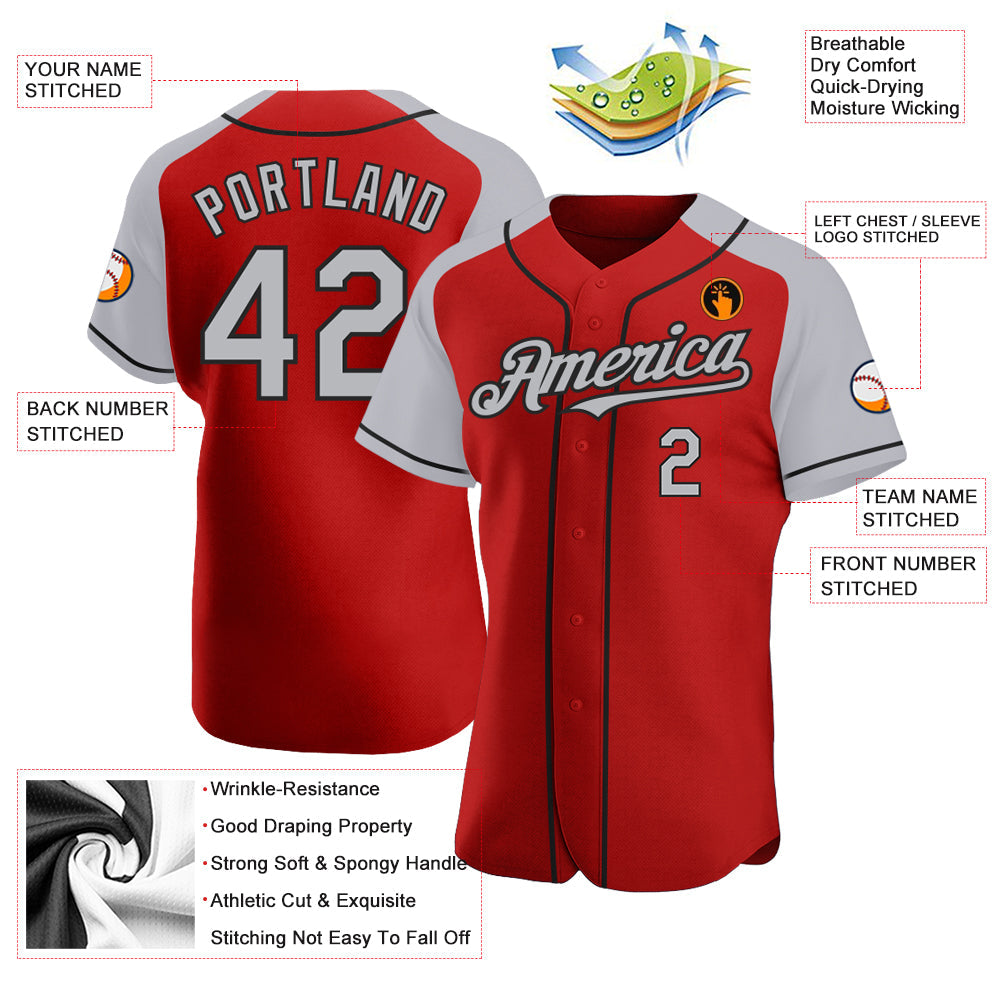 Custom Red Gray-Black Authentic Raglan Sleeves Baseball Jersey view 3