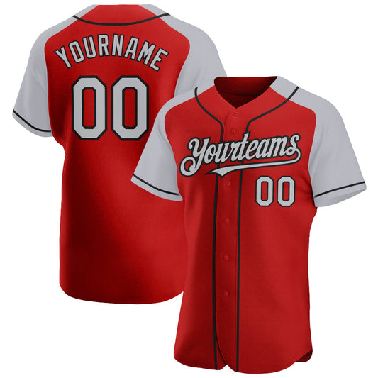 Custom Red Gray-Black Authentic Raglan Sleeves Baseball Jersey - Main View