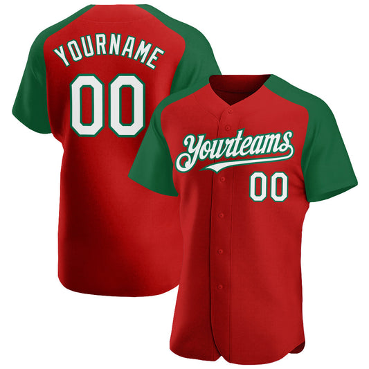 Custom Red White-Kelly Green Authentic Raglan Sleeves Baseball Jersey - Main View