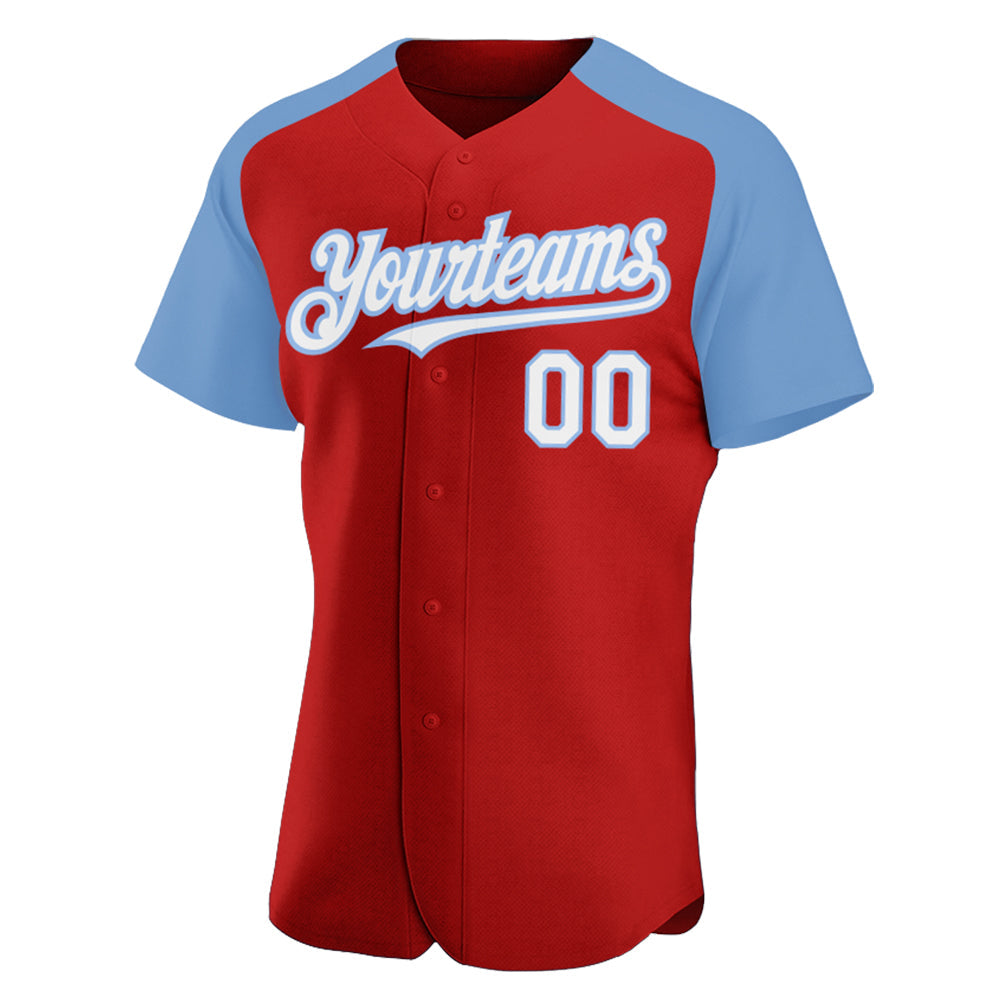 Custom Red White-Light Blue Authentic Raglan Sleeves Baseball Jersey view 2