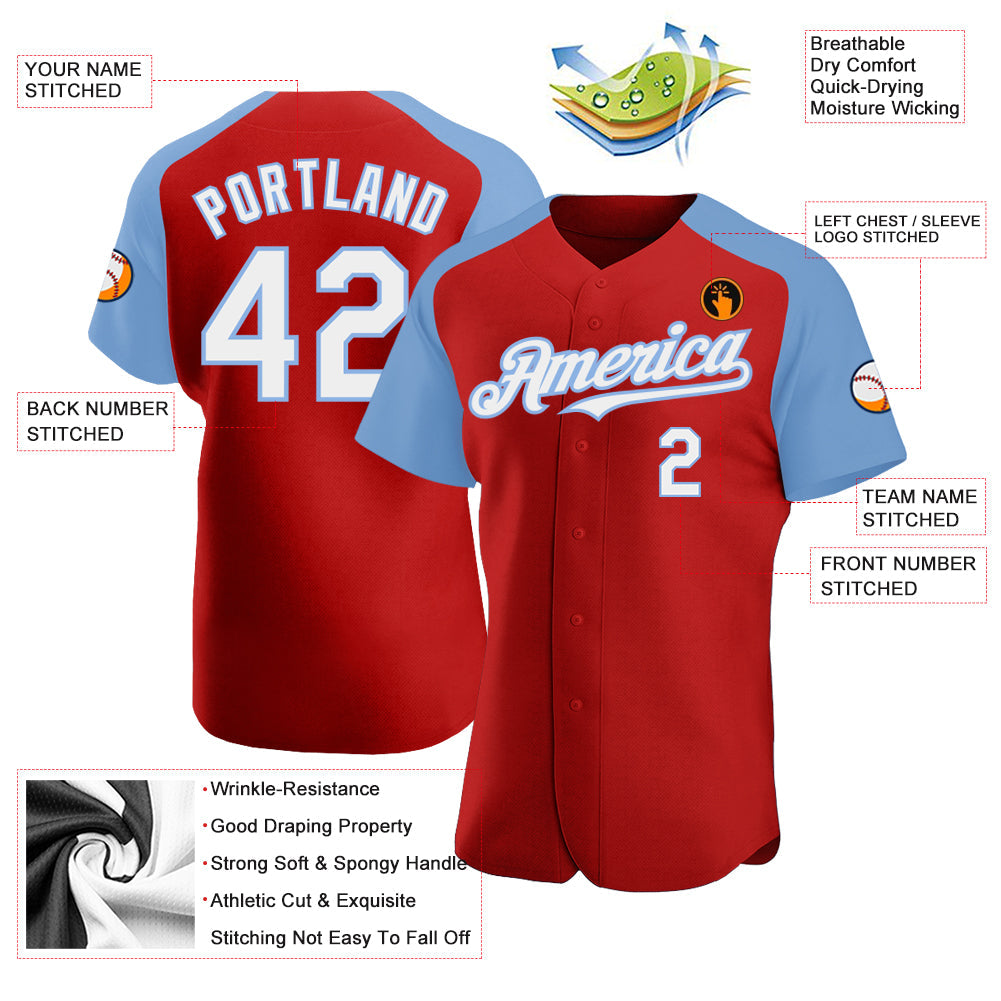 Custom Red White-Light Blue Authentic Raglan Sleeves Baseball Jersey view 3
