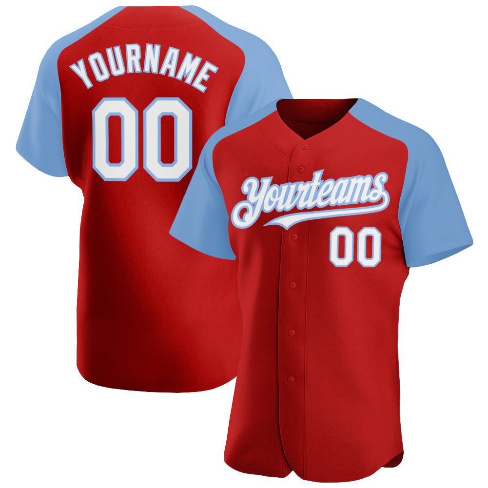 Custom Red White-Light Blue Authentic Raglan Sleeves Baseball Jersey - Main View