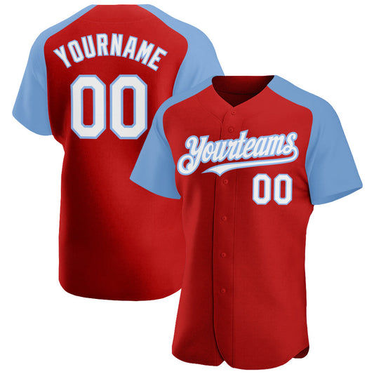 Custom Red White-Light Blue Authentic Raglan Sleeves Baseball Jersey - Main View