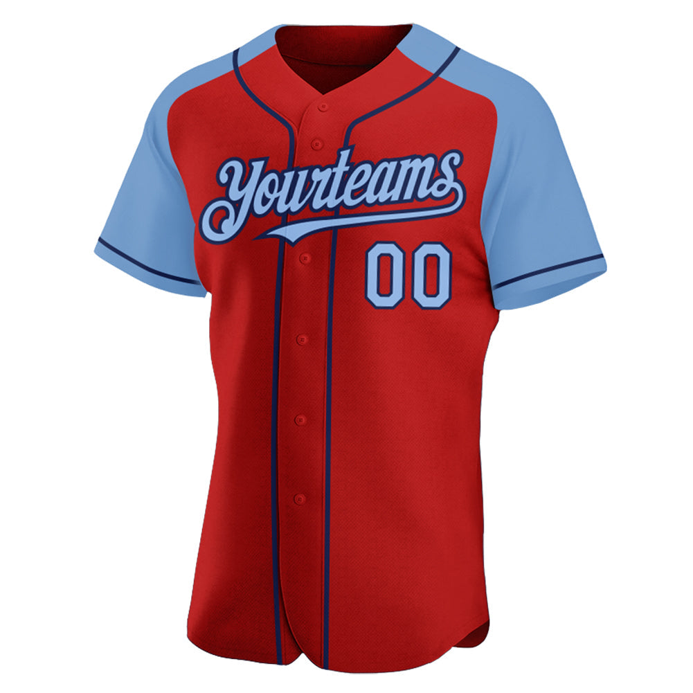Custom Red Light Blue-Navy Authentic Raglan Sleeves Baseball Jersey view 2