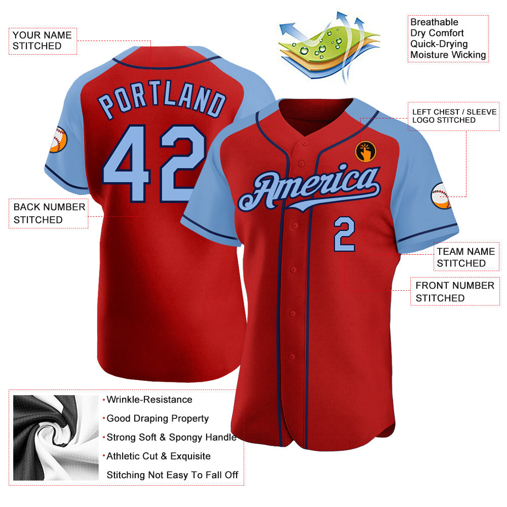 Custom Red Light Blue-Navy Authentic Raglan Sleeves Baseball Jersey view 3