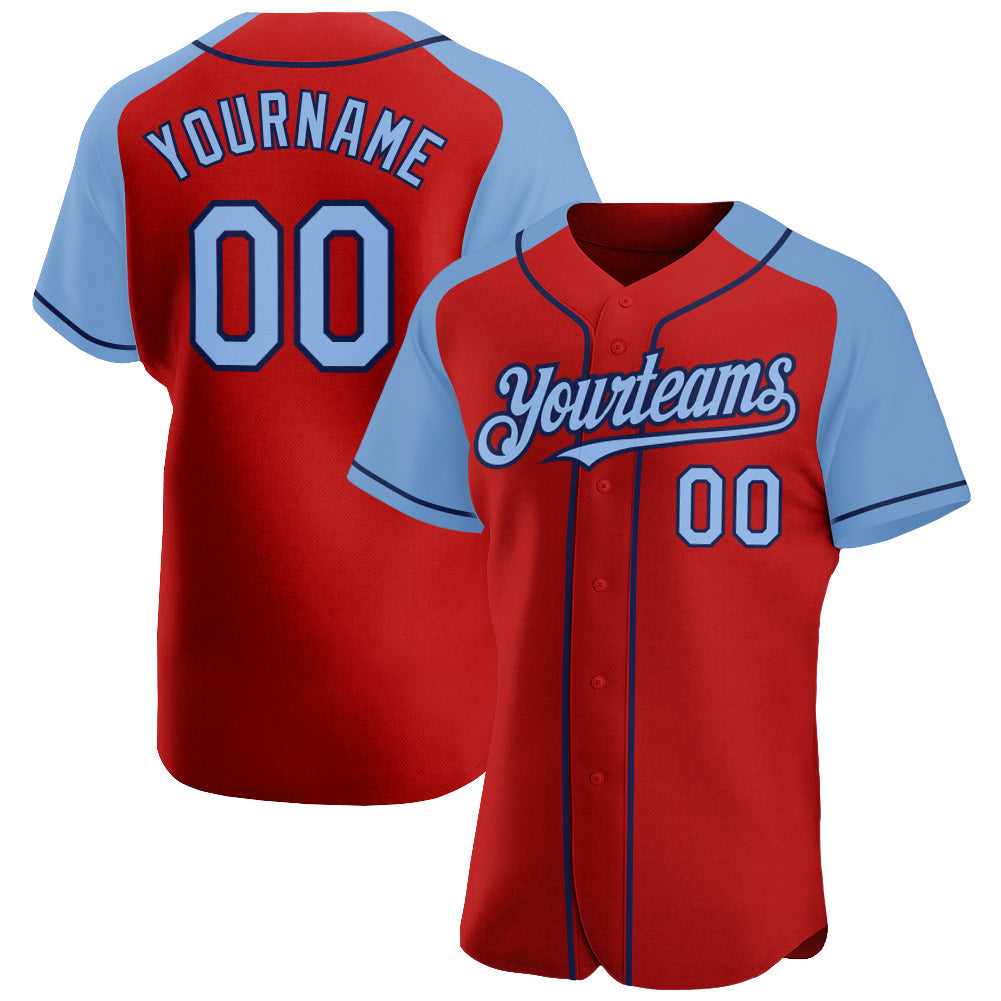 Custom Red Light Blue-Navy Authentic Raglan Sleeves Baseball Jersey - Main View