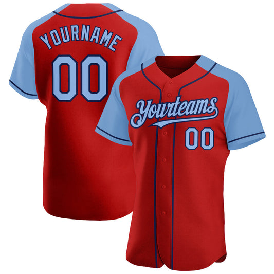 Custom Red Light Blue-Navy Authentic Raglan Sleeves Baseball Jersey - Main View