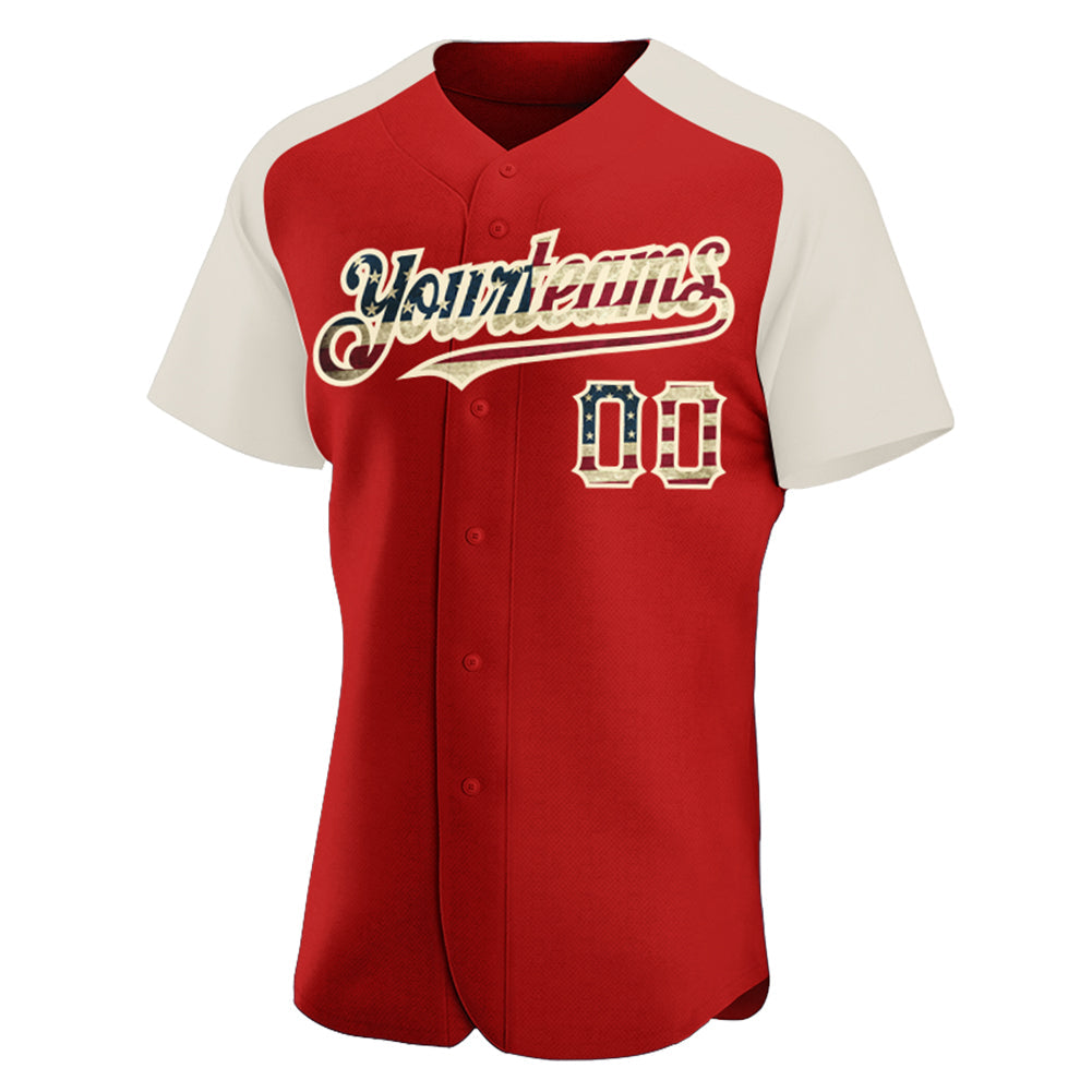 Custom Red Vintage USA Flag-Cream Authentic Raglan Sleeves Baseball Jersey view 2
