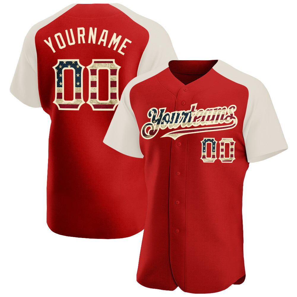 Custom Red Vintage USA Flag-Cream Authentic Raglan Sleeves Baseball Jersey - Main View