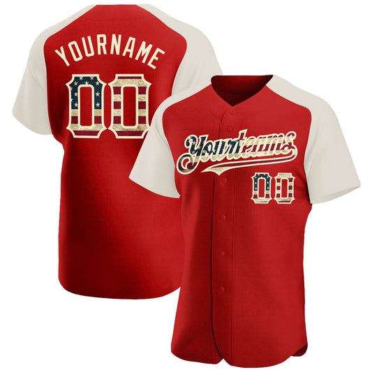 Custom Red Vintage USA Flag-Cream Authentic Raglan Sleeves Baseball Jersey - Main View