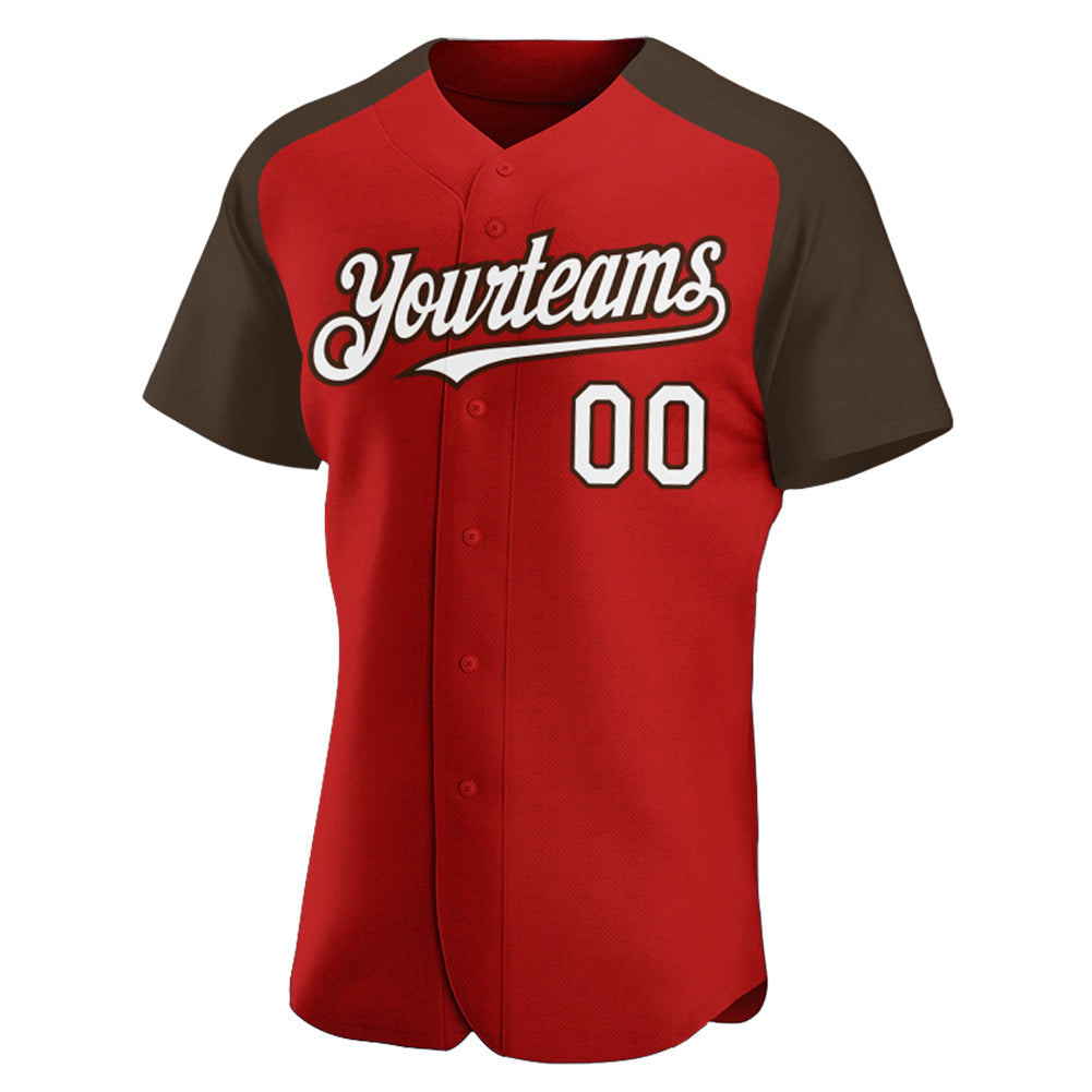 Custom Red White-Brown Authentic Raglan Sleeves Baseball Jersey view 2