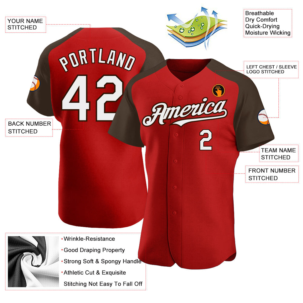Custom Red White-Brown Authentic Raglan Sleeves Baseball Jersey view 3