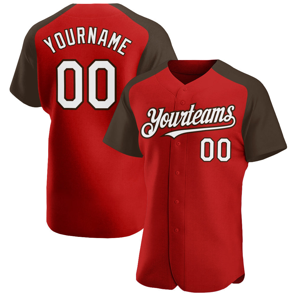 Custom Red White-Brown Authentic Raglan Sleeves Baseball Jersey - Main View
