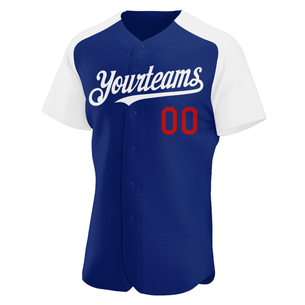 Custom Royal White-Red Authentic Raglan Sleeves Baseball Jersey view 2