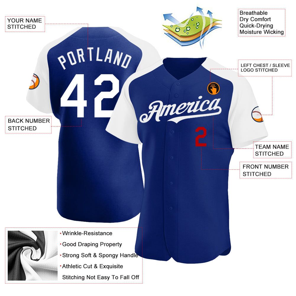 Custom Royal White-Red Authentic Raglan Sleeves Baseball Jersey view 3