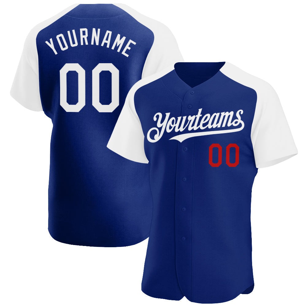 Custom Royal White-Red Authentic Raglan Sleeves Baseball Jersey - Main View