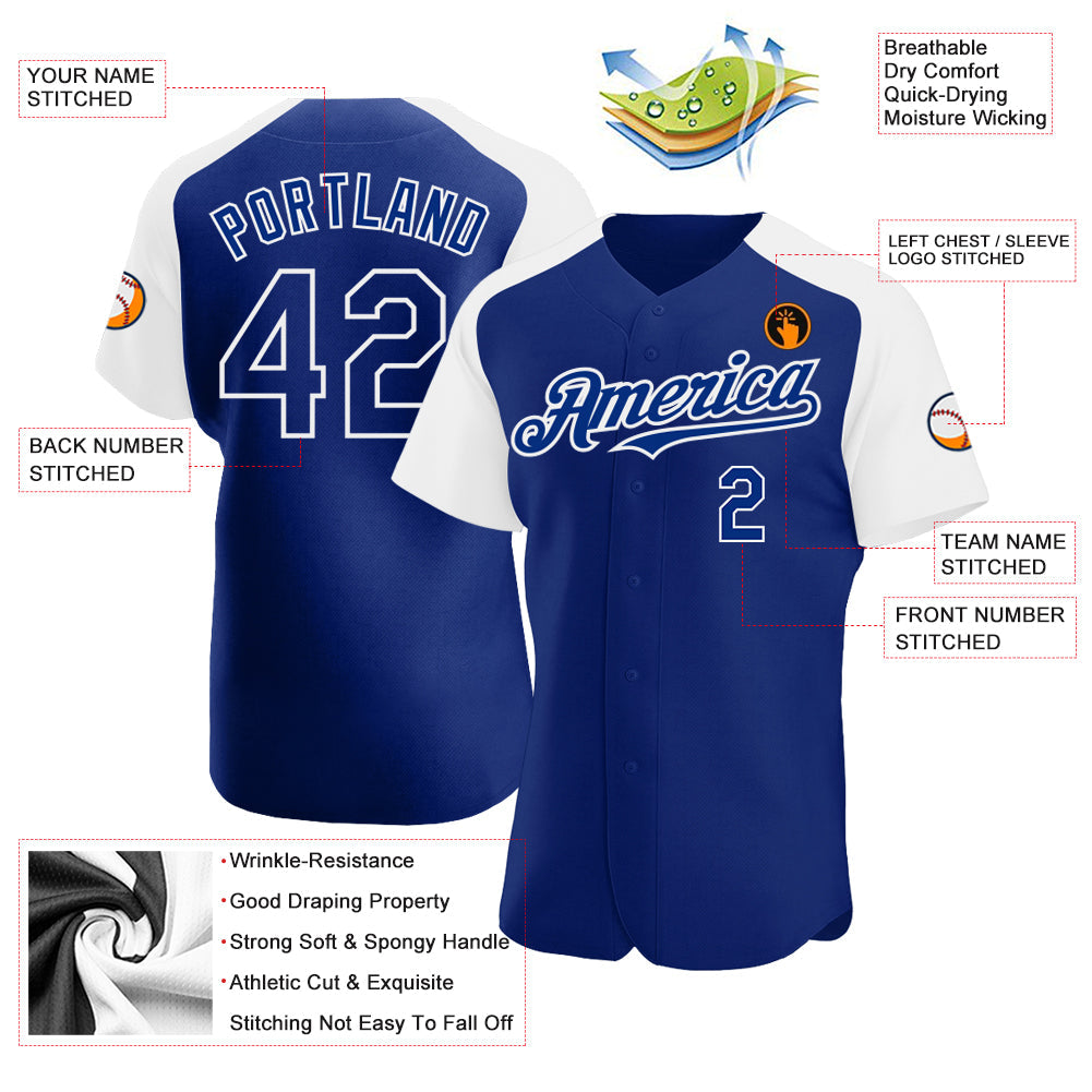 Custom Royal White Authentic Raglan Sleeves Baseball Jersey view 3