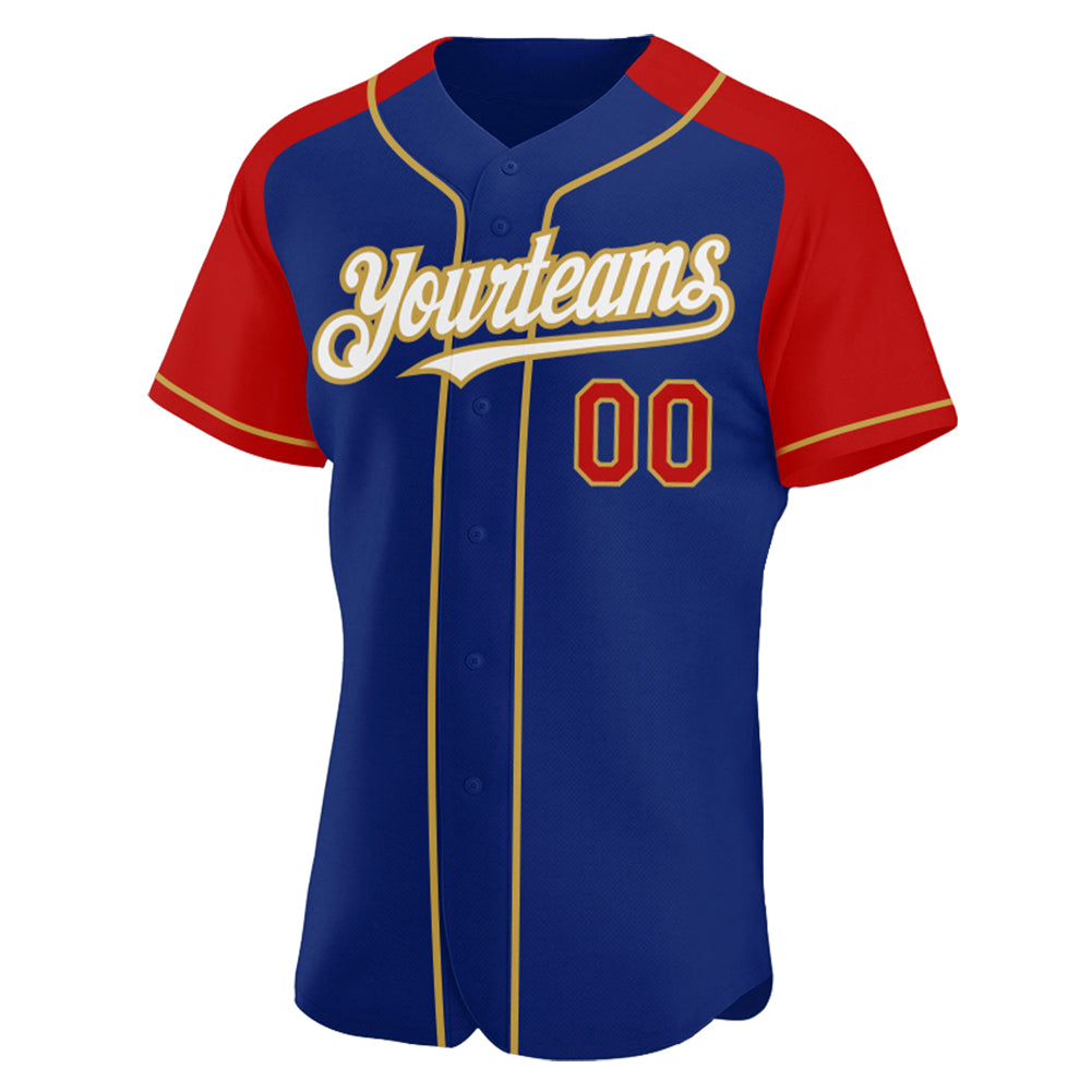 Custom Royal Red-Old Gold Authentic Raglan Sleeves Baseball Jersey view 2