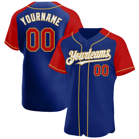 Custom Royal Red-Old Gold Authentic Raglan Sleeves Baseball Jersey - Main View