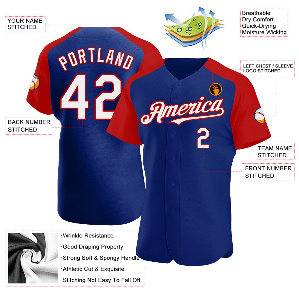 Custom Royal White-Red Authentic Raglan Sleeves Baseball Jersey view 3
