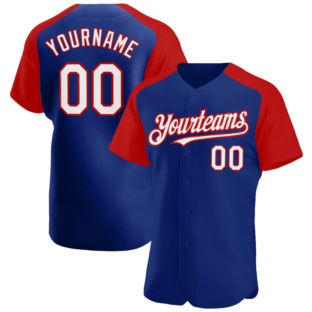 Custom Royal White-Red Authentic Raglan Sleeves Baseball Jersey - Main View