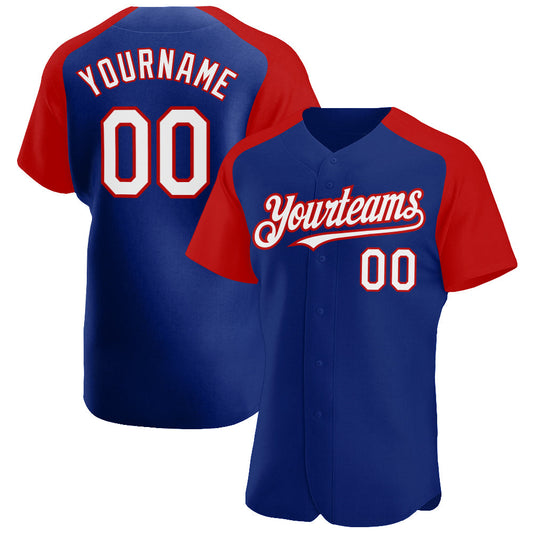 Custom Royal White-Red Authentic Raglan Sleeves Baseball Jersey - Main View