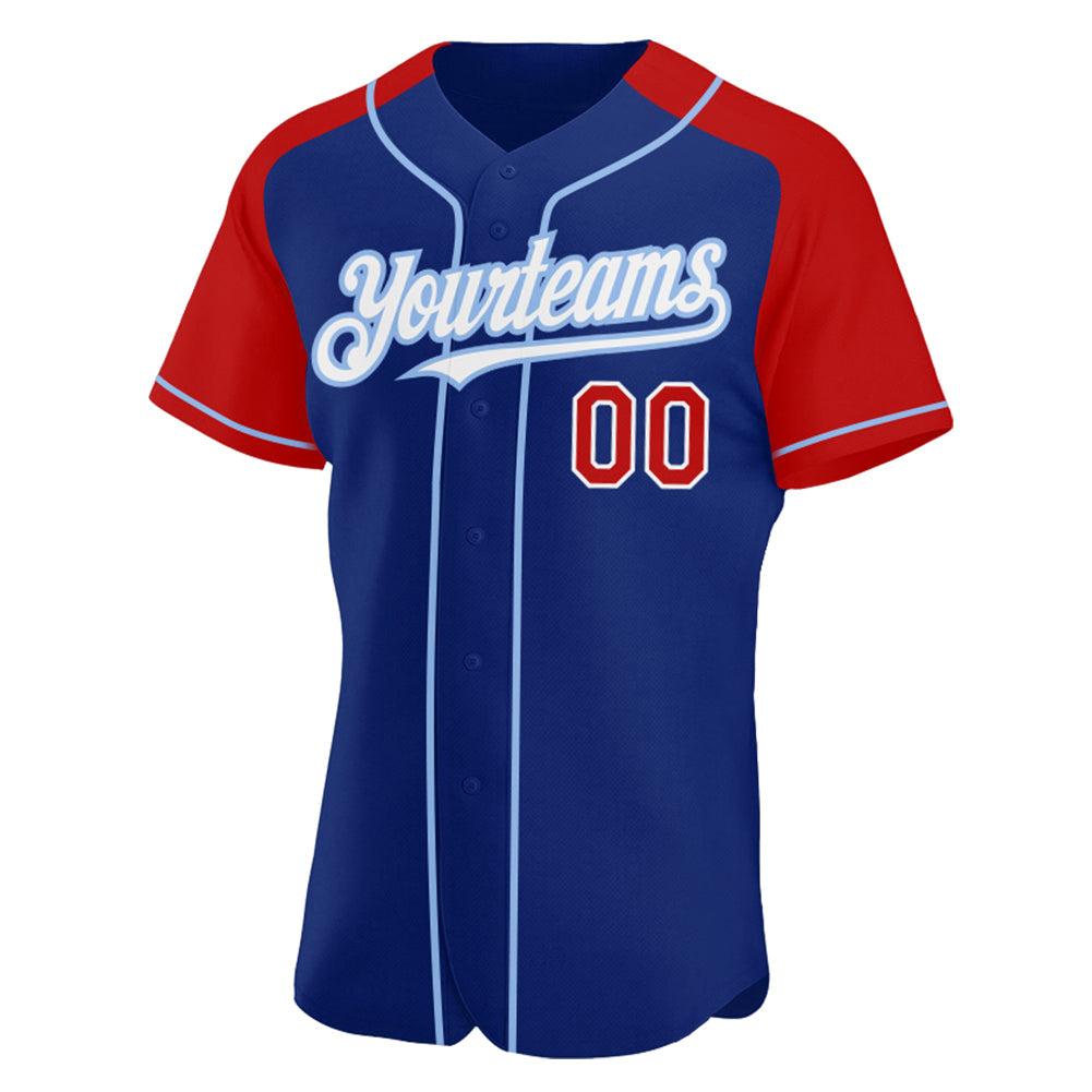 Custom Royal Red-Light Blue Authentic Raglan Sleeves Baseball Jersey view 2