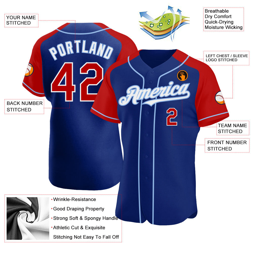 Custom Royal Red-Light Blue Authentic Raglan Sleeves Baseball Jersey view 3