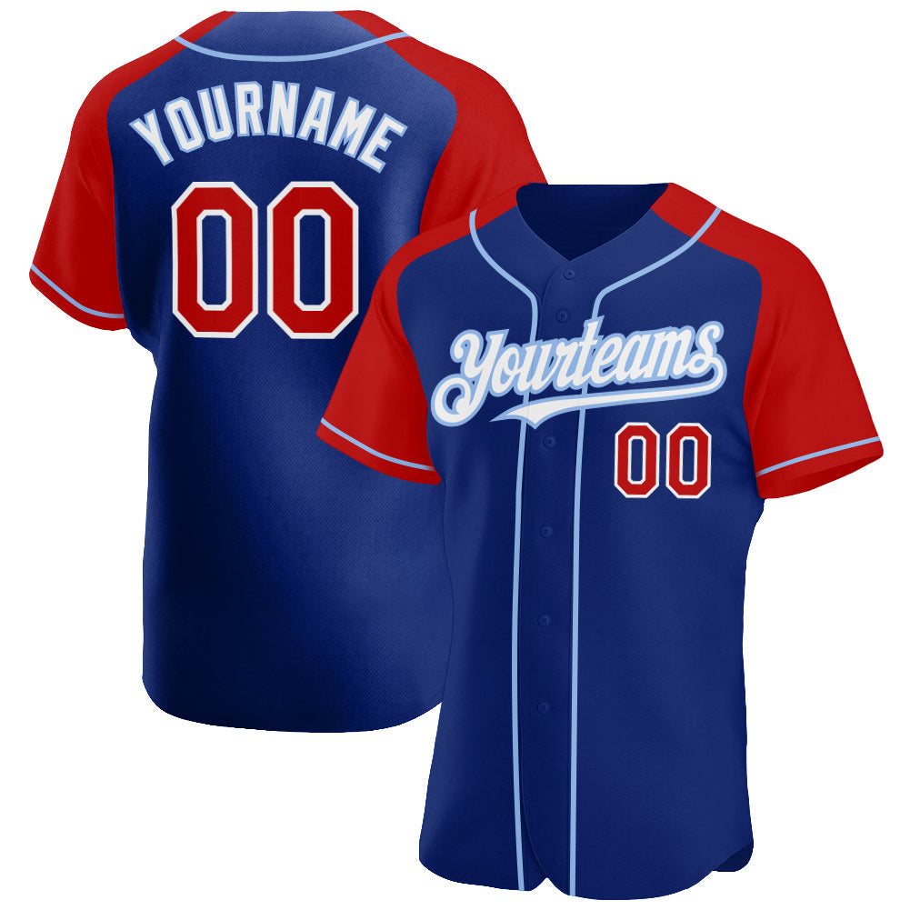 Custom Royal Red-Light Blue Authentic Raglan Sleeves Baseball Jersey - Main View