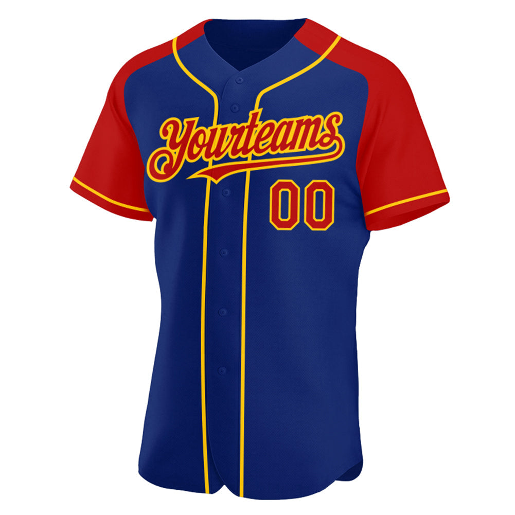 Custom Royal Red-Yellow Authentic Raglan Sleeves Baseball Jersey view 2