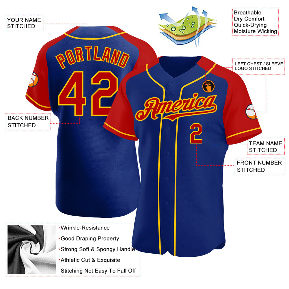 Custom Royal Red-Yellow Authentic Raglan Sleeves Baseball Jersey view 3