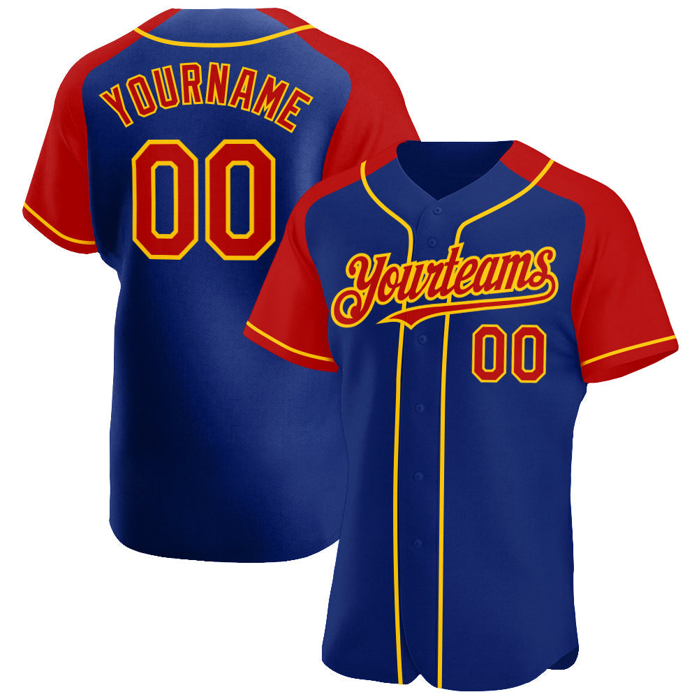 Custom Royal Red-Yellow Authentic Raglan Sleeves Baseball Jersey - Main View