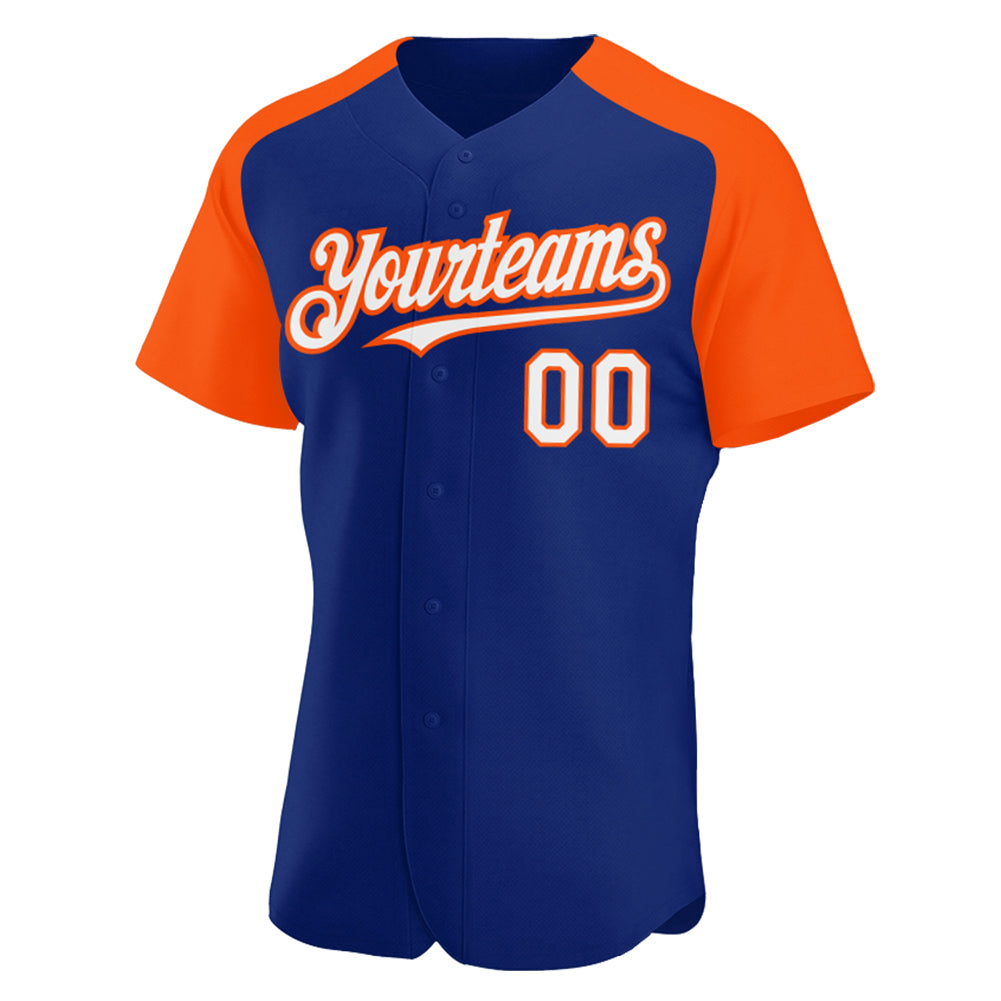 Custom Royal White-Orange Authentic Raglan Sleeves Baseball Jersey view 2