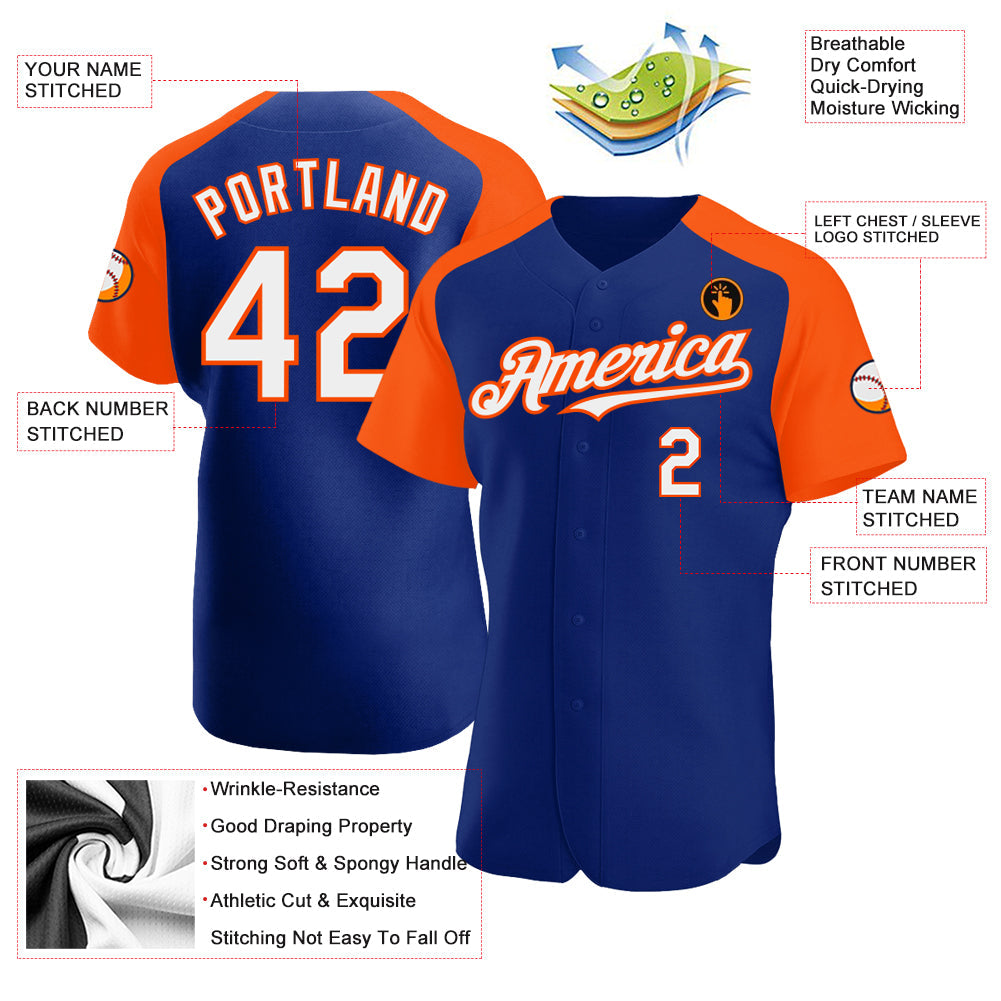 Custom Royal White-Orange Authentic Raglan Sleeves Baseball Jersey view 3