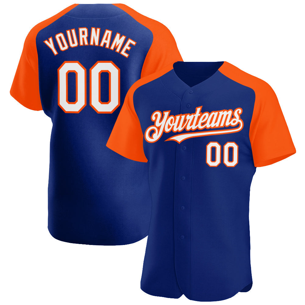Custom Royal White-Orange Authentic Raglan Sleeves Baseball Jersey - Main View